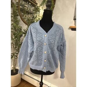 Nanette Lepore Sz M cardigan blue eyelet knit faux pearl buttons Grandma Core